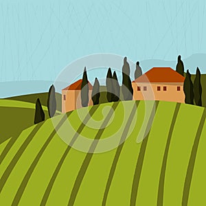 Tuscan landscape with houses and trees.