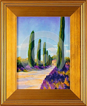 Tuscan Landscape Oil Painting in a Gold Frame