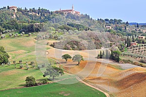 Tuscan landscape with view of Pienza, Val d`Orcia, Tuscany, Italy