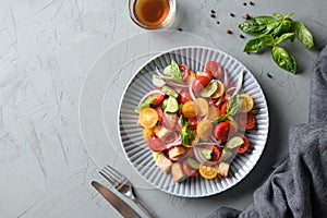 Tuscan Panzanella with tomatoes and bread. Top view.