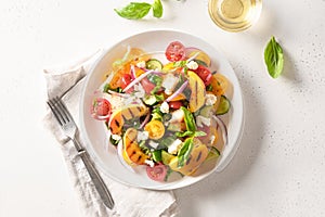 Tuscan Panzanella with tomatoes and bread. Top view.