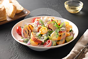 Tuscan Panzanella with tomatoes and bread. Top view.