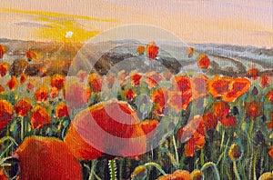 Tuscan poppy field at sunrise flat color hand painted illustration painting.