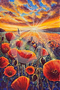 Tuscan poppy field at sunrise flat color hand painted illustration painting.