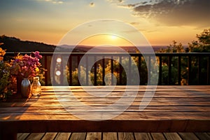 Tuscan retreat Rustic wooden board, balcony, and vibrant sunset backdrop