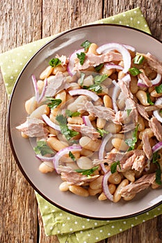 Tuscan salad with tuna, onions and white beans close-up in a plate. vertical top view