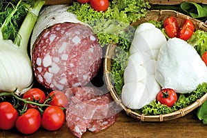 Tuscan salami, buffalo mozzarella of Campania with salad, fennel