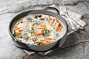 Tuscan salmon dish of grilled salmon fillet with cream sauce, garlic, sun-dried tomatoes and spinach closeup in the pan.