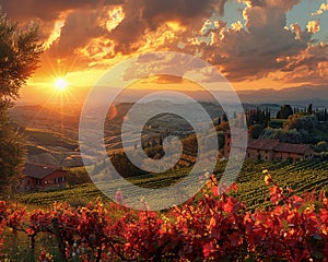 Tuscan Sun Melting into Rolling Hills of Vineyards The sunset blurs with the vines