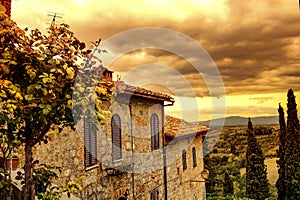 Tuscan view from San Gimignano at sunrise