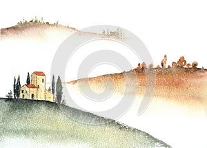 Tuscan villa and distant hills landscape watercolor painting.