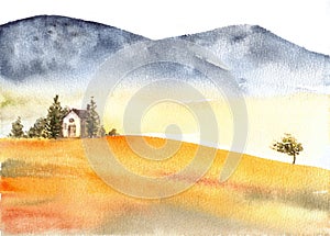 Tuscan villa and distant mountains landscape watercolor painting.