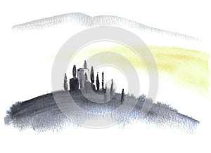 Tuscan villa and hills minimalistic landscape watercolor painting.