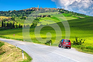 Tuscany cityscape and summer grain fields near Pienza, Italy, Europe