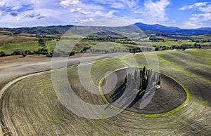 Tuscany countryside. aerial drone view of cypresses of famous valley Val d`Orcia. Italy,