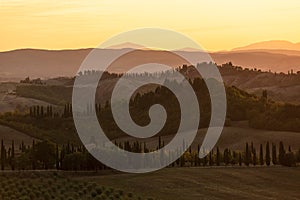 Tuscany countryside panorama on sunset, Italy