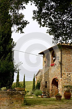 TUSCANY courtyard with cypress and farm