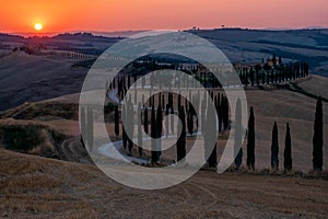 Tuscany, Crete Senesi rural sunset landscape. Countryside farm, cypresses trees, green field, sun light and cloud. Italy