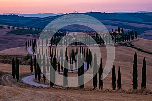 Tuscany, Crete Senesi rural sunset landscape. Countryside farm, cypresses trees, green field, sun light and cloud. Italy