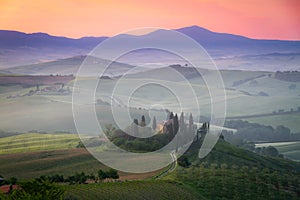 Tuscany Farmhouse Belvedere at dawn, Italy