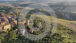 Tuscany, Italy. Aerial view of Pienza a town and comune in the province of Siena