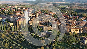 Tuscany, Italy. Aerial view of Pienza a town and comune in the province of Siena