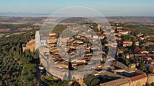 Tuscany, Italy. Aerial view of Pienza a town and comune in the province of Siena