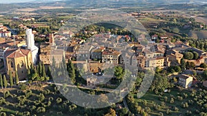 Tuscany, Italy. Aerial view of Pienza a town and comune in the province of Siena