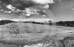 Tuscany, Italy. Rural sunset landscape. Countryside meadows, green field, sun light and clouds