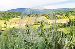 Tuscany, Italy. Rural sunset landscape. Countryside meadows, green field, sun light and clouds