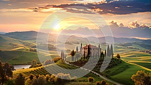 Tuscany landscape with cypresses trees at sunset, Italy, Beautiful sunset on the rolling hills of Tuscany, Italy, AI Generated