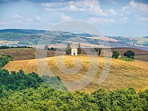 Tuscany landscape with famous Cappella della Madonna di Vitaleta in Val d'Orcia, Italy