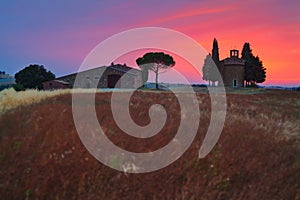 Tuscany landscape with the little Chapel of Madonna di Vitaleta, San Quirico d`Orcia, Val D`Orcia, Tuscany, Italy