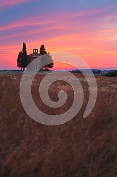 Tuscany landscape with the little Chapel of Madonna di Vitaleta, San Quirico d`Orcia, Val D`Orcia, Tuscany, Italy