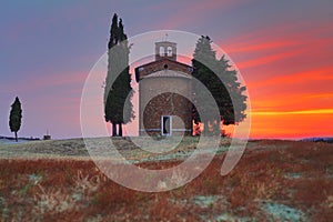 Tuscany landscape with the little Chapel of Madonna di Vitaleta, San Quirico d`Orcia, Val D`Orcia, Tuscany, Italy