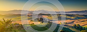 Tuscany landscape panorama at sunrise, Val d'Orcia, Italy