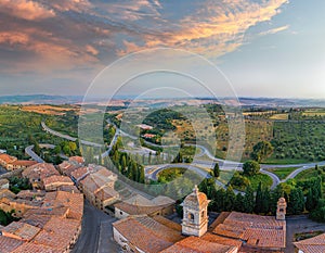 Tuscany landscape at sunrise, San Quirico d Orcia, Italy