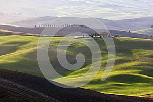 Tuscany landscape at sunrise. Tuscan farm house, vineyard, green hills.