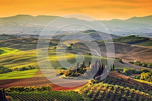 Tuscany landscape at sunrise. Tuscan farm house, vineyard, hills.