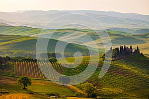 Tuscany landscape at sunrise. Typical for the region tuscan farm house, hills, vineyard. Italy