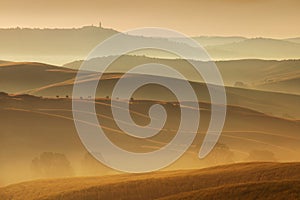 Tuscany landscape at sunrise. Typical for the region tuscan farmhouse, hills, vineyard. Italy Fresh Green tuscany landscape