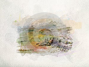 Tuscany landscape at sunrise in watercolors. photo
