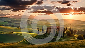 Tuscany landscape at sunset with cypresses and farmhouse, Beautiful sunset over the rolling hills of Tuscany, Italy