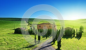 Tuscany landscape with typical farm house photo