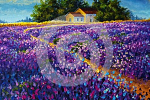 Tuscany Original oil painting warm old rural house farmhouse in the purple lavender field