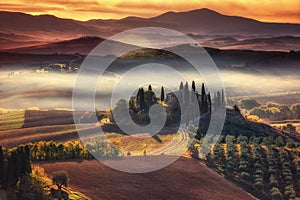 Tuscany, panoramic landscape with famous farmhouse rolling hills