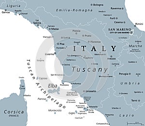Tuscany, region in Italy, with Tuscan Archipelago, gray political map