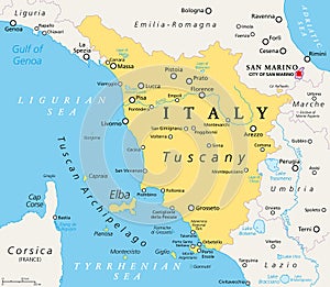 Tuscany, region in central Italy, with Tuscan Archipelago, political map