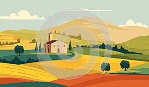 Tuscany rural landscape with house in flat style.