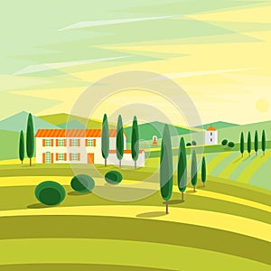 Tuscany Rural Landscape with Houses. Vector